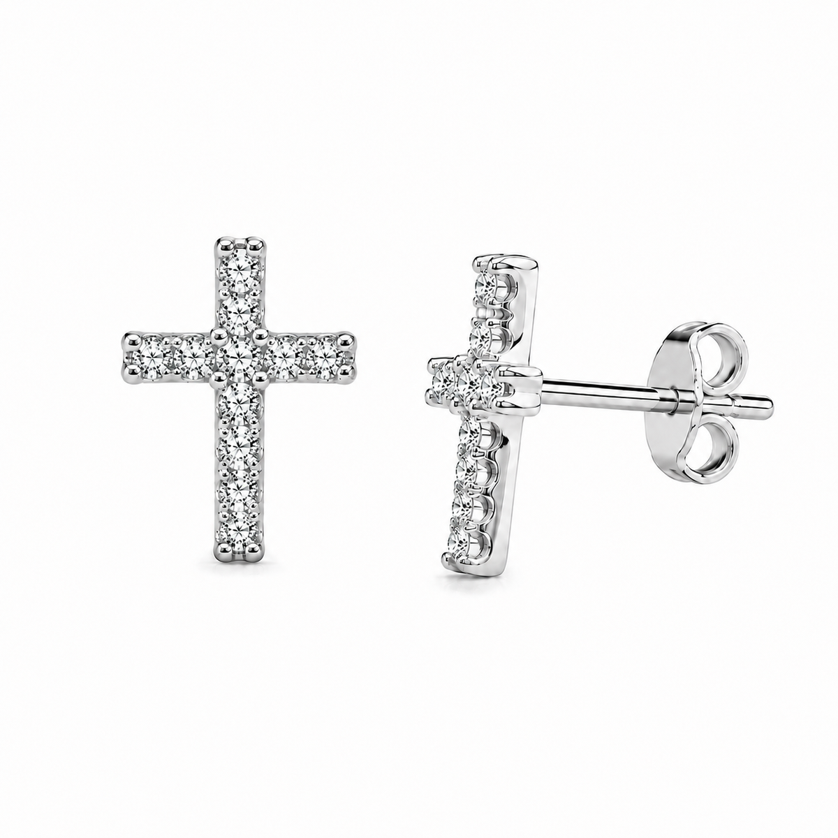 14K white gold natural diamond cross stud earrings shown from the front and side with post and Push back, 0.10 CTW