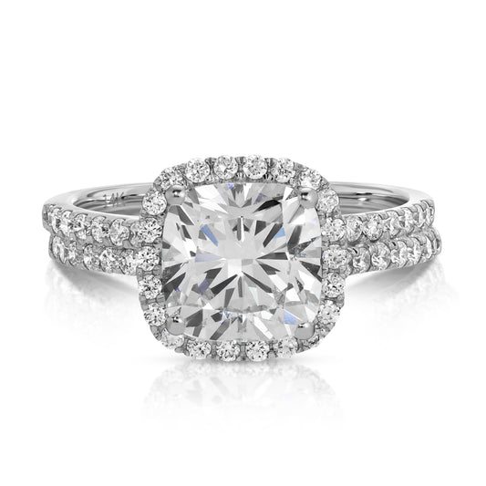 14KT Gold Cushion Cut Lab Diamond 2.84cts F VS1 set with 0.66cts Round Lab Diamonds Engagement Ring
