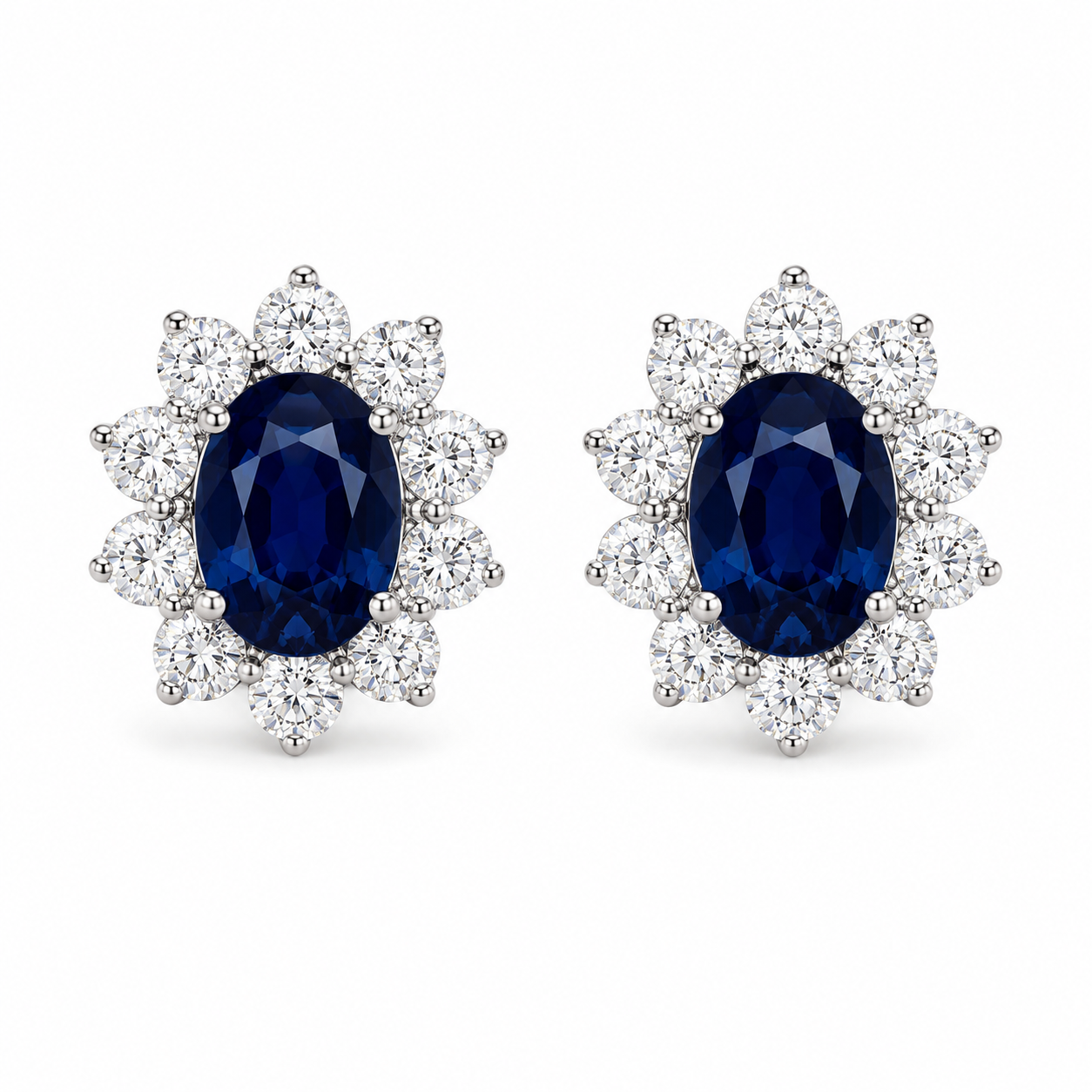 18K white gold natural sapphire and diamond halo earrings with 6.14 carats of sapphires and 2.66 carats of diamonds