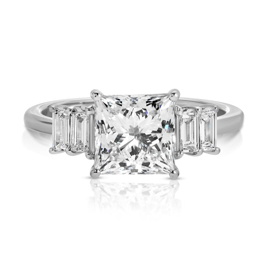 14KT Gold 2.44cts F VS1 Princess Cut Lab Diamond set with 4 Baguette Lab Diamonds  0.31ct Engagement Ring