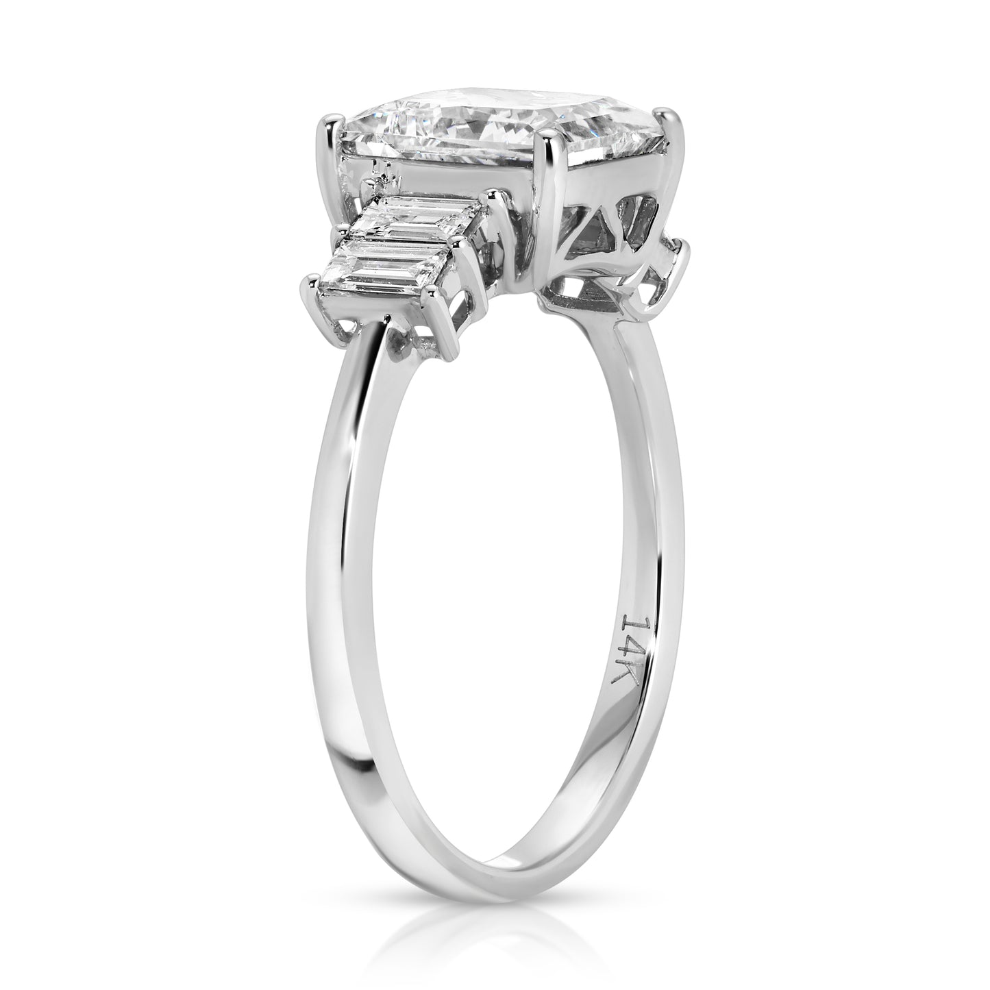 14KT Gold 2.44cts F VS1 Princess Cut Lab Diamond set with 4 Baguette Lab Diamonds  0.31ct Engagement Ring