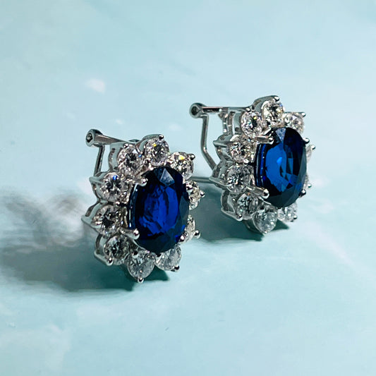 Blue Oval Sapphire Cluster Diamond Earrings