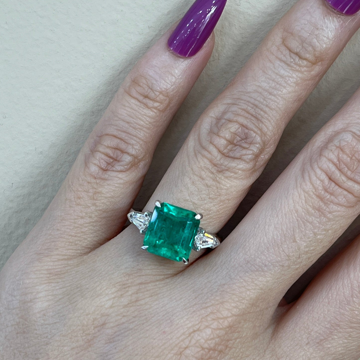 Three Stone Emerald Cut Emerald Center Stone Diamond SIde Stone Ring