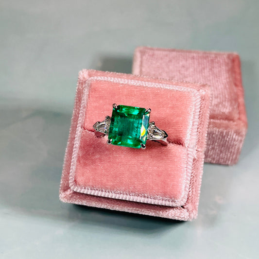 Three Stone Emerald Cut Emerald Center Stone Diamond SIde Stone Ring