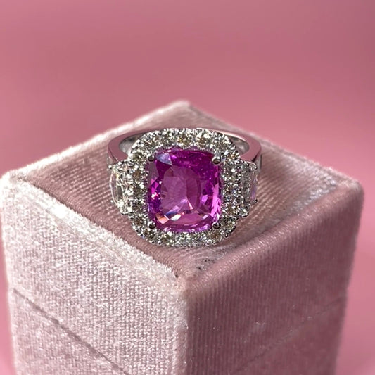 Cushion Cut Pink Sapphire Ring Set with Diamonds