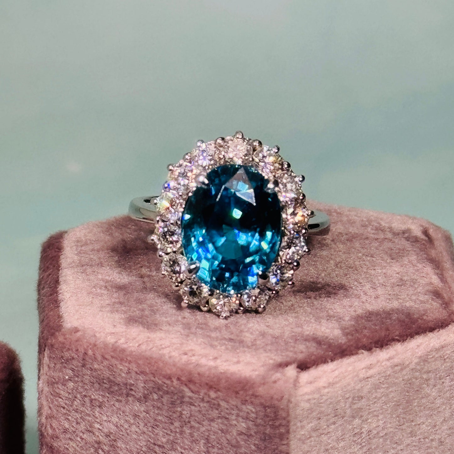 14KT Blue Zircon Diamonds Cluster / Ballerina Ring