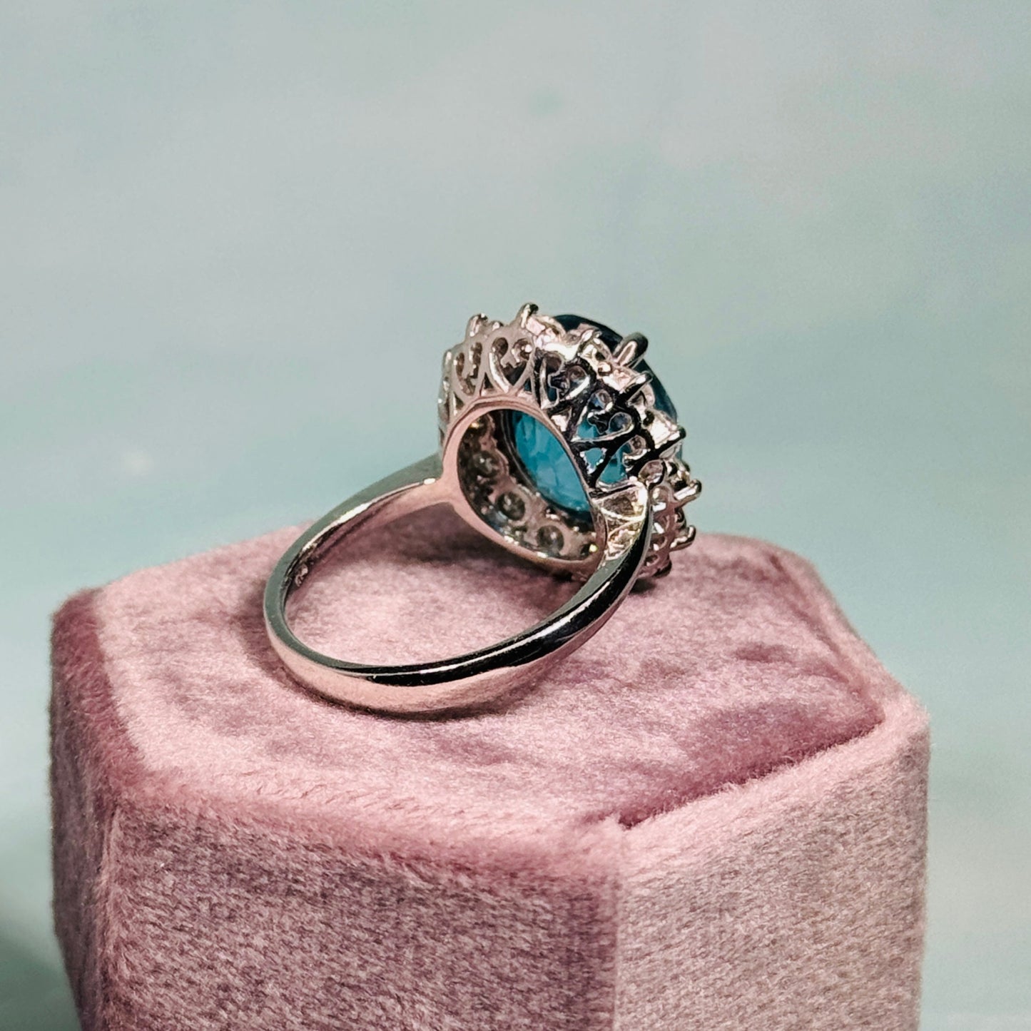 14KT Blue Zircon Diamonds Cluster / Ballerina Ring