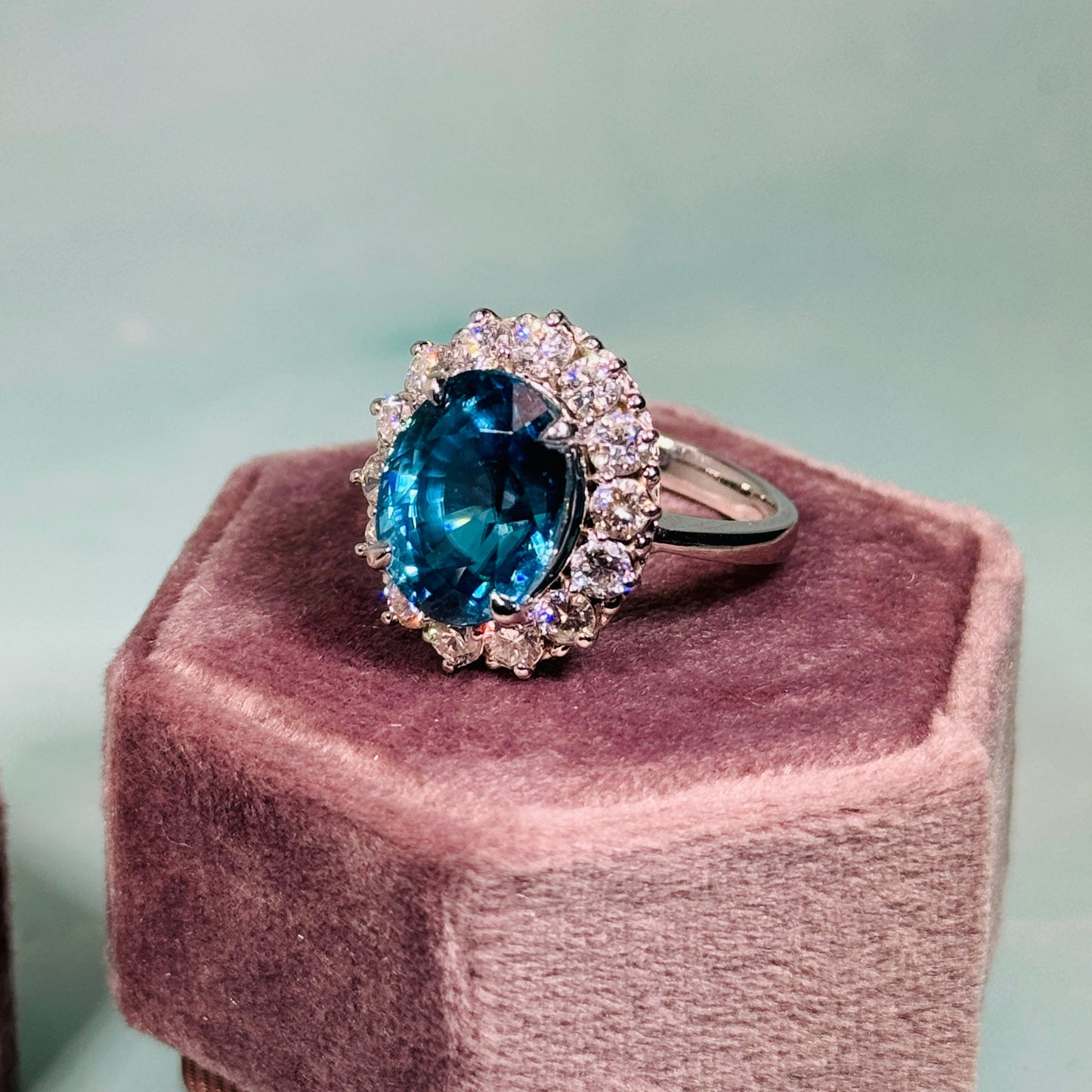 14KT Blue Zircon Diamonds Cluster / Ballerina Ring