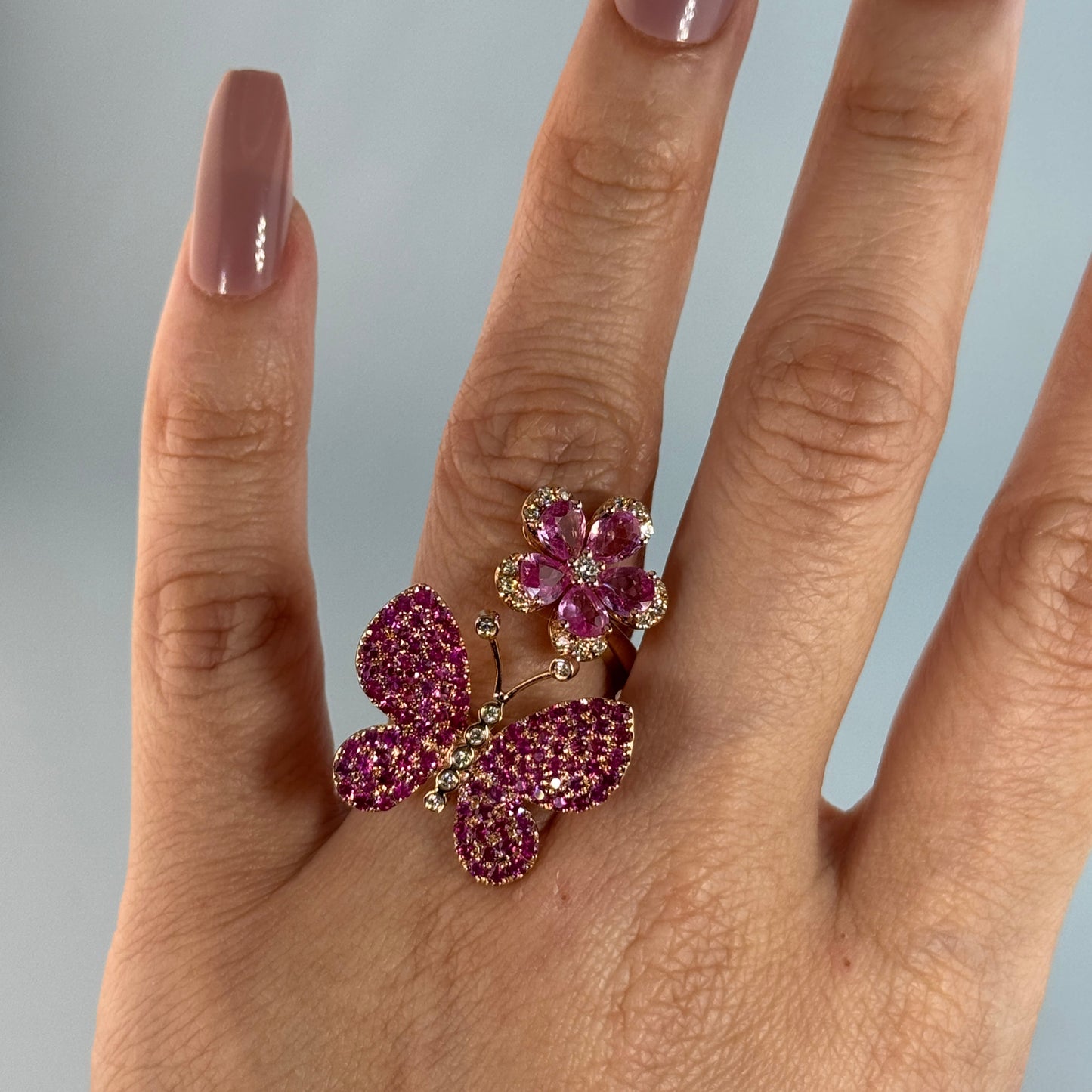 18KT Gold Butterfly Flower Pink Sapphires Diamond Open Ring