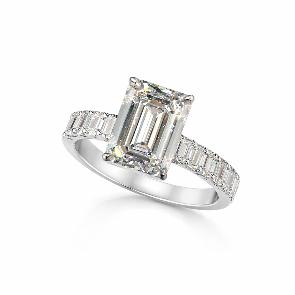 14KT Gold 3cts Emerald Cut Lab Diamond Center Stone Engagement Ring