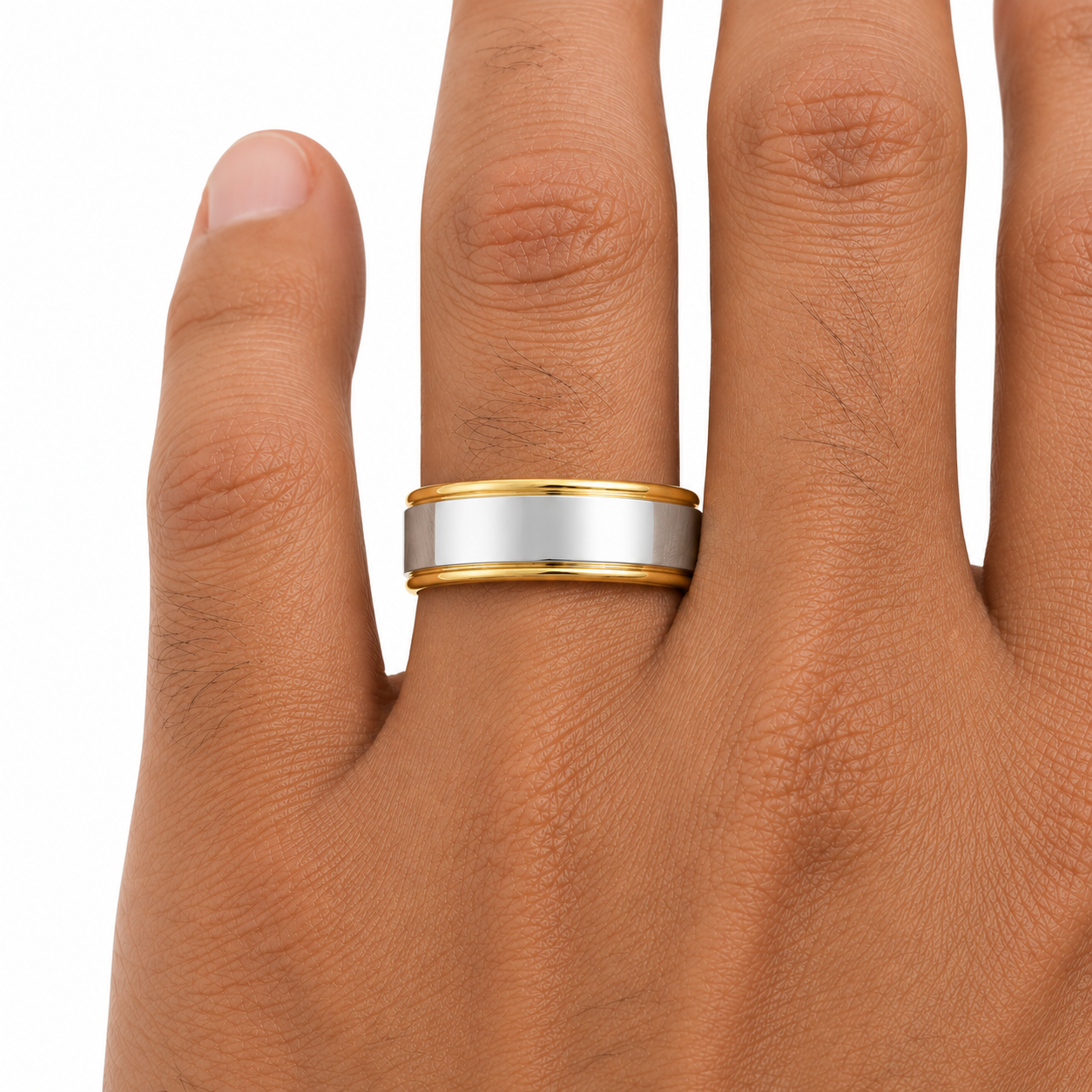 14K two-tone gold 5.2mm high polish men’s wedding band shown on hand with white gold center and yellow gold edges