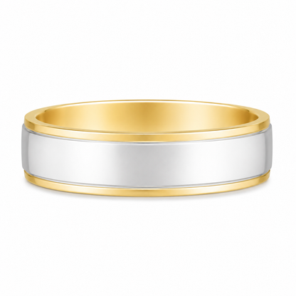 14K two-tone gold 5.2mm men’s wedding band with high polish white gold center and yellow gold edges