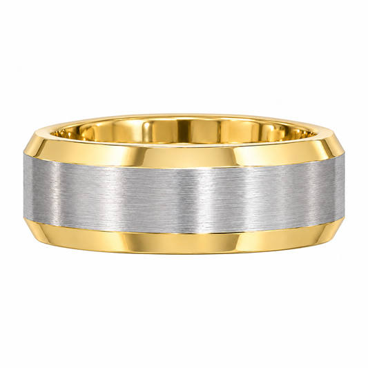 14K two tone yellow and white gold 7mm men’s wedding band with brushed white gold center and polished tapered yellow gold edges