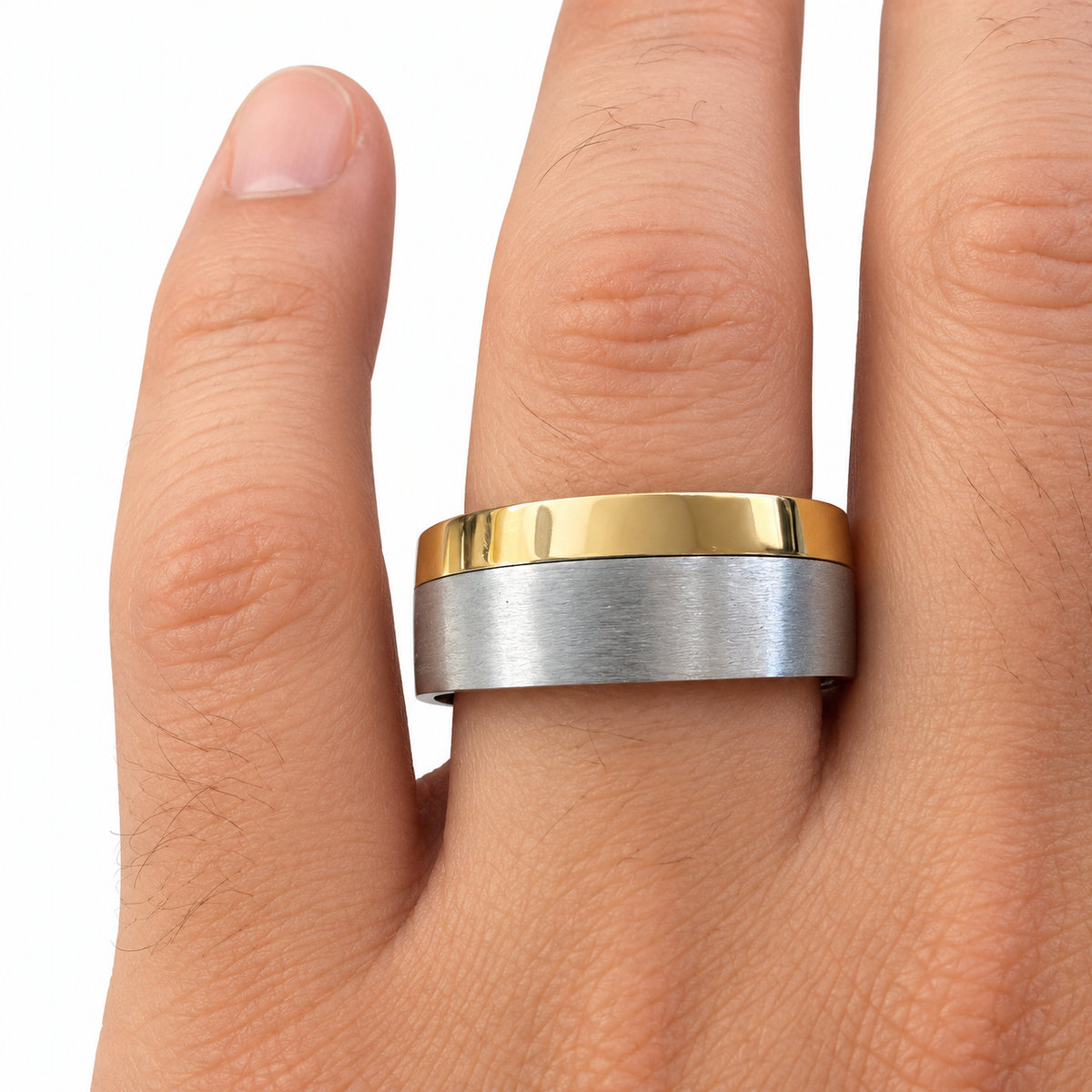 14K two tone gold 9mm men’s wedding band shown on hand with polished yellow gold and brushed white gold finish