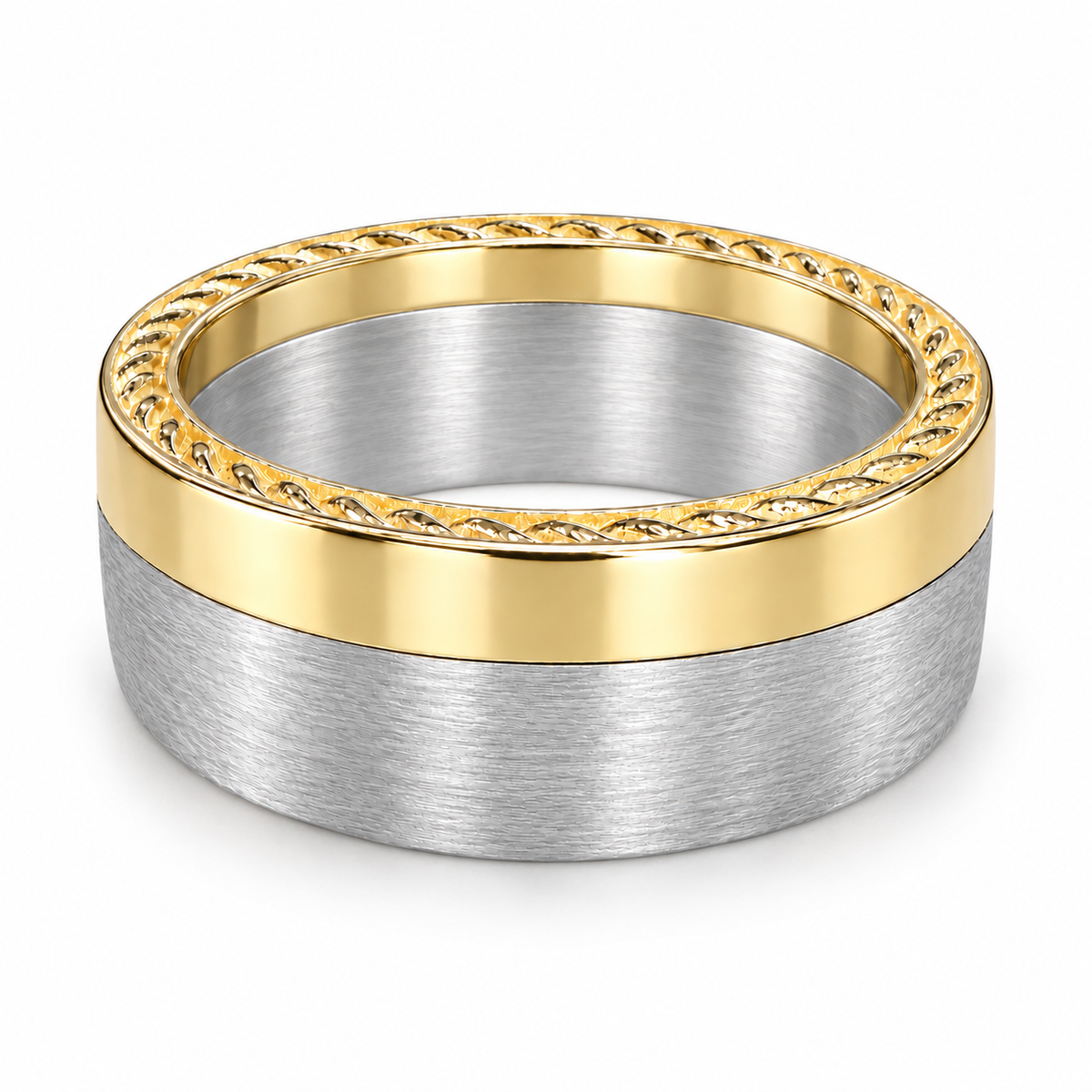 14K two tone yellow and white gold 9mm men’s wedding band with polished yellow gold and brushed white gold finish