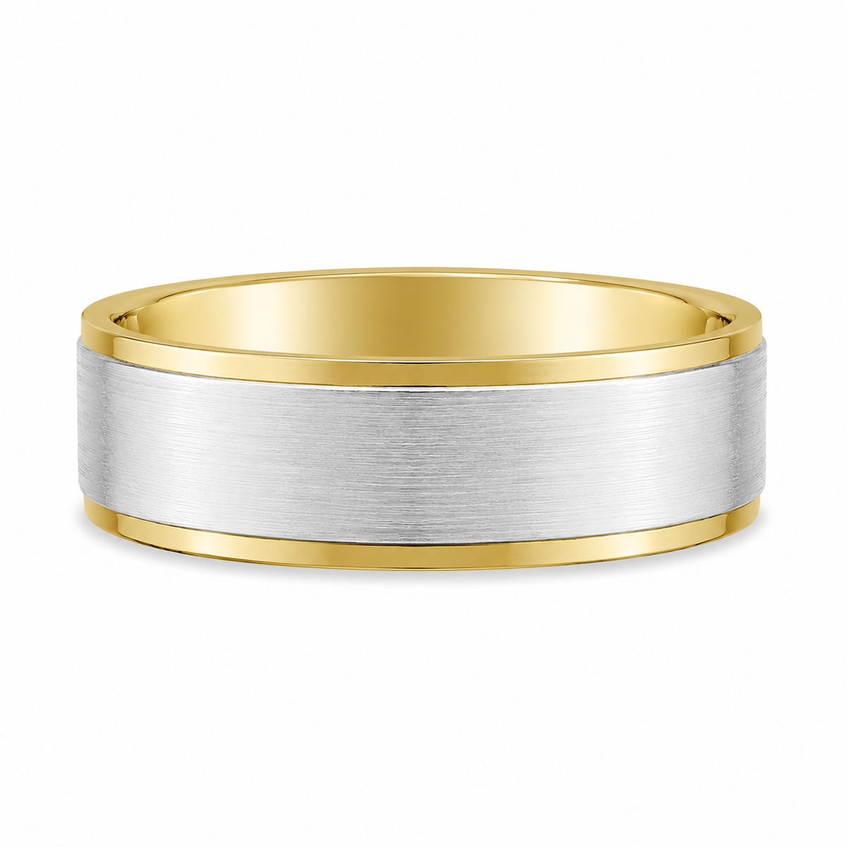 14K two-tone men’s wedding band with brushed white gold center and high polish yellow gold edges
