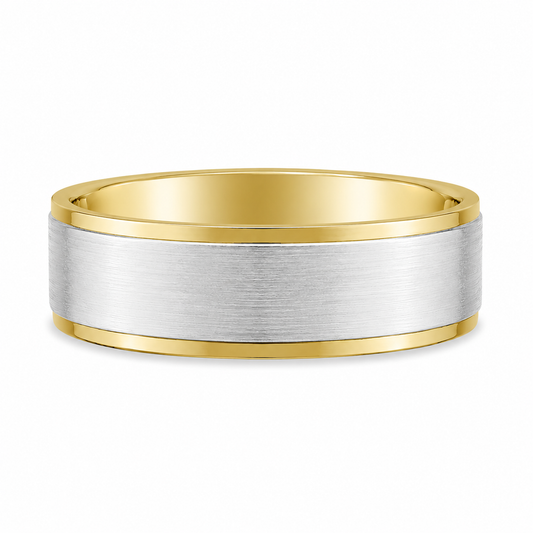 14K two-tone men’s wedding band with brushed white gold center and high polish yellow gold edges