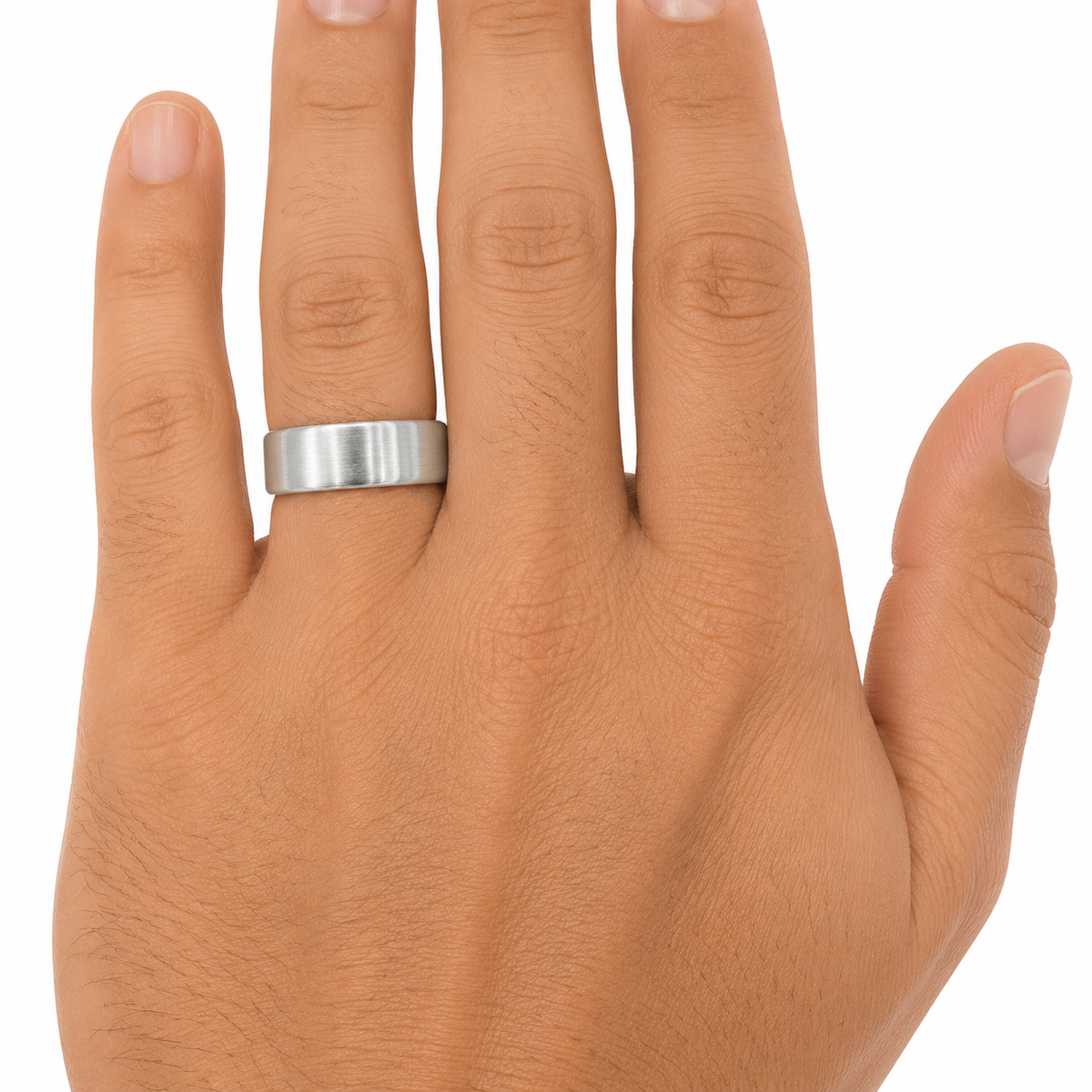 14K white gold 7mm brushed men’s wedding band shown on hand