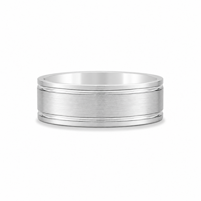 14K white gold 7mm men’s wedding band with brushed finish, high polish grooves and polished interior