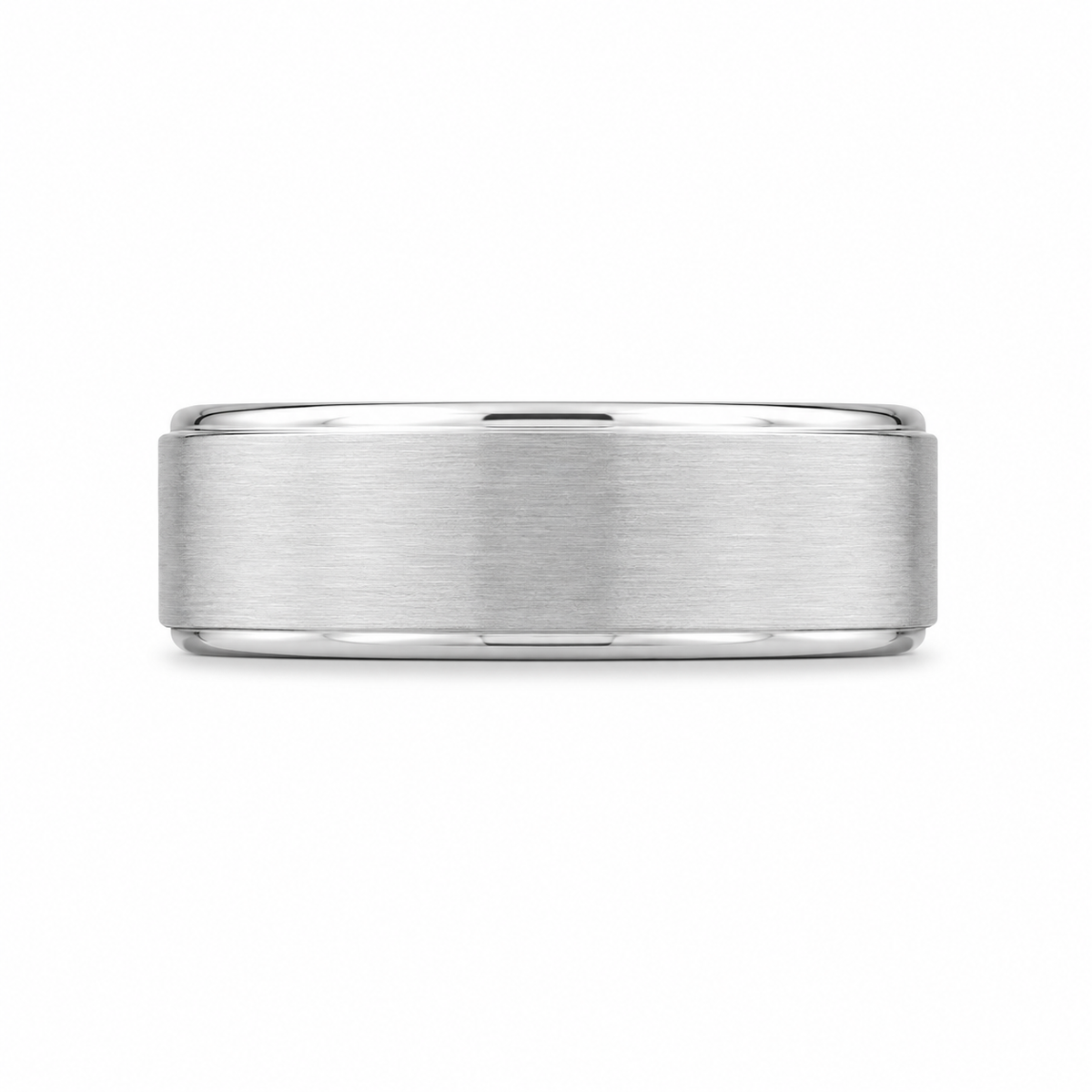 Back view of 14K white gold men’s diamond wedding band with brushed finish and polished edges