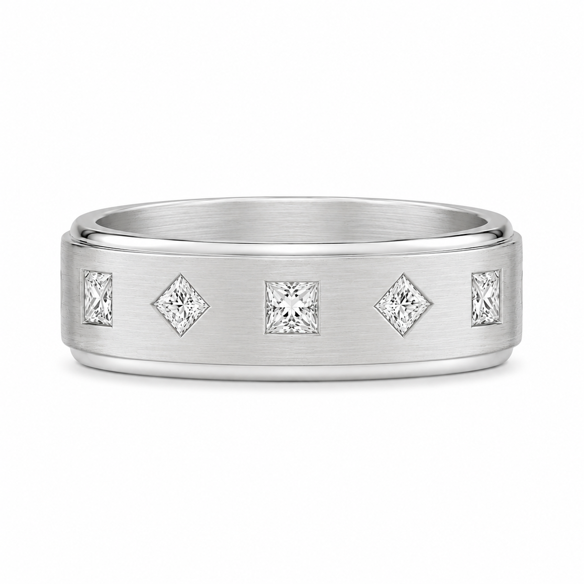 14K white gold men’s wedding band with five natural princess-cut diamonds totaling 0.47 carats