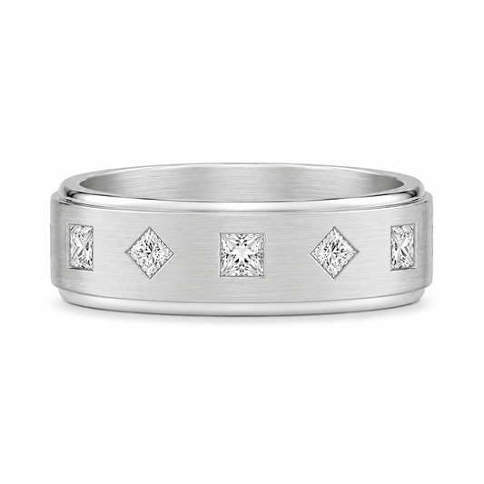 14K white gold men’s wedding band with five natural princess-cut diamonds totaling 0.47 carats