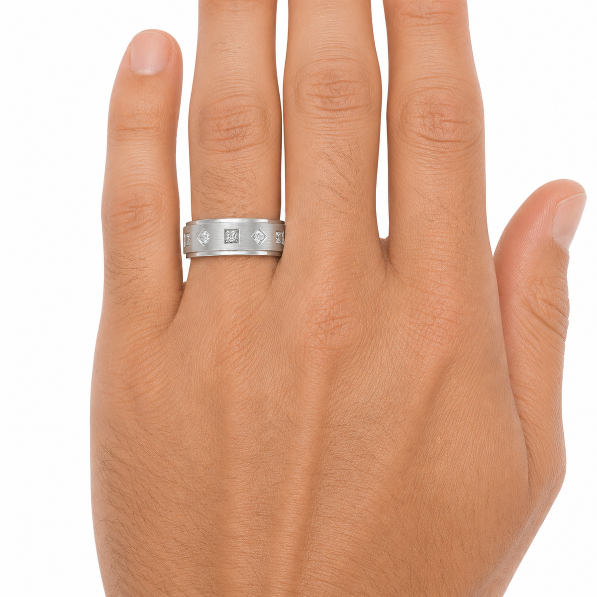 14K white gold men’s wedding band with five natural princess cut diamonds shown on hand