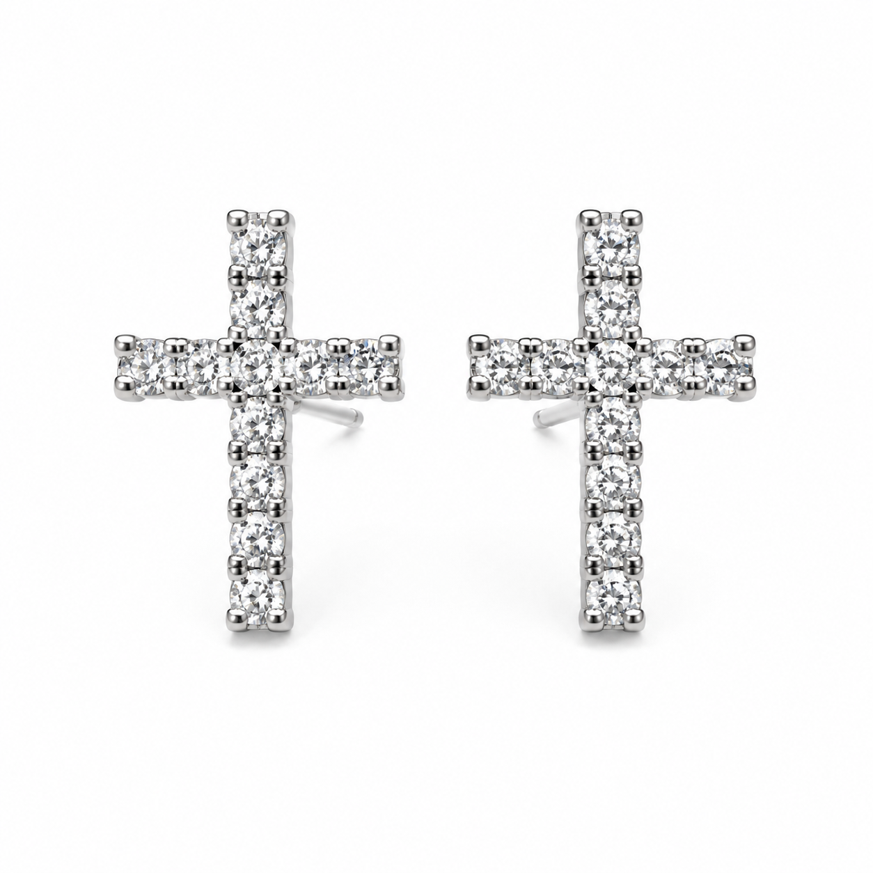 14K white gold cross stud earrings set with natural round diamonds, 0.10 carats total weight, front view