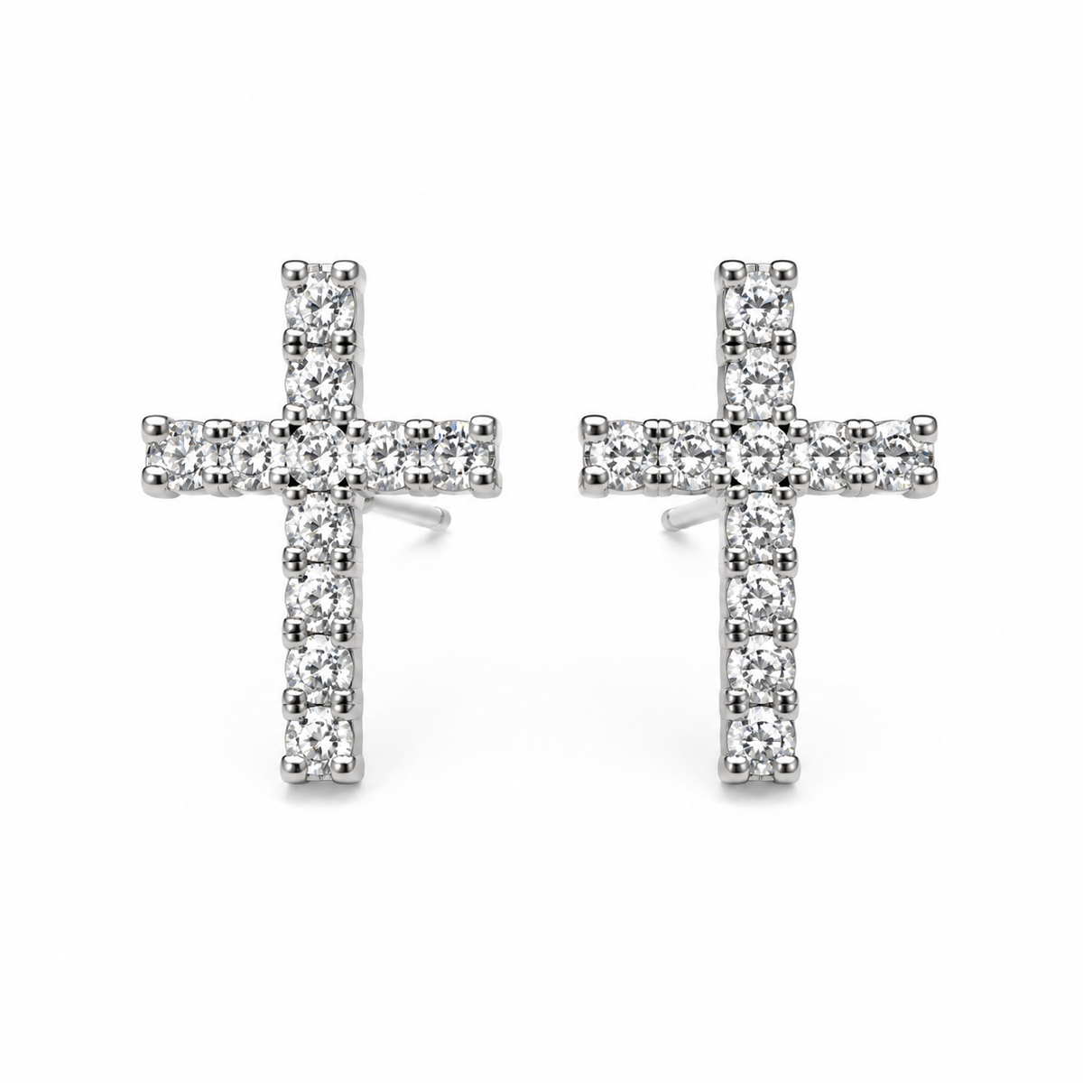 14K white gold cross stud earrings set with natural round diamonds, 0.10 carats total weight, front view