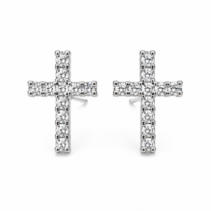 14K white gold cross stud earrings set with natural round diamonds, 0.10 carats total weight, front view