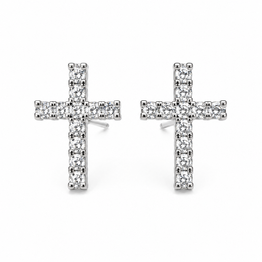 14K white gold cross stud earrings set with natural round diamonds, 0.10 carats total weight, front view