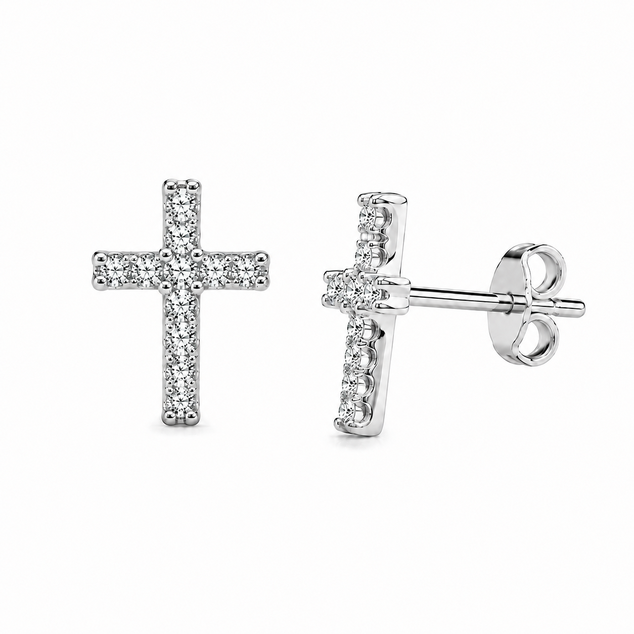 14K white gold natural diamond cross stud earrings shown from the front and side with post and Push back, 0.10 CTW