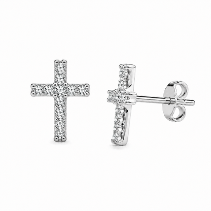 14K white gold natural diamond cross stud earrings shown from the front and side with post and Push back, 0.10 CTW