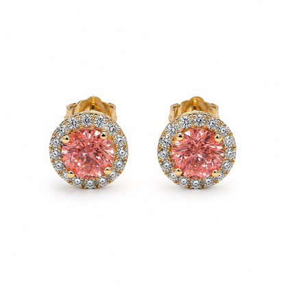 14K yellow gold stud earrings with 2.00 carats total weight of lab-grown pink diamonds surrounded by white diamond halos, front view