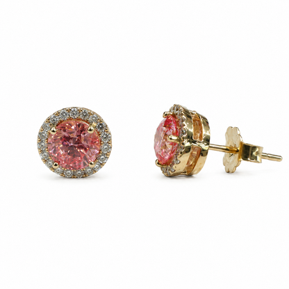 14K yellow gold lab-grown pink diamond halo stud earrings shown from the front and side, 2.00 carats total weight