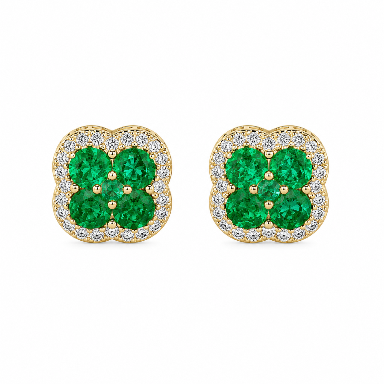 14K yellow gold cluster stud earrings with 10 natural emeralds totaling 1.25 carats and natural diamond halos