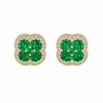 14K yellow gold cluster stud earrings with 10 natural emeralds totaling 1.25 carats and natural diamond halos