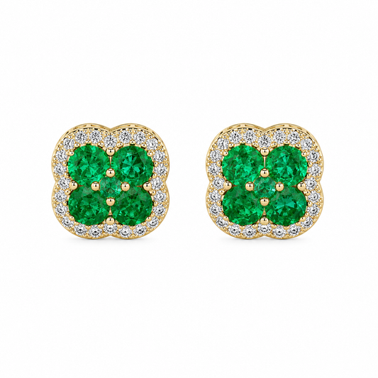 14K yellow gold cluster stud earrings with 10 natural emeralds totaling 1.25 carats and natural diamond halos