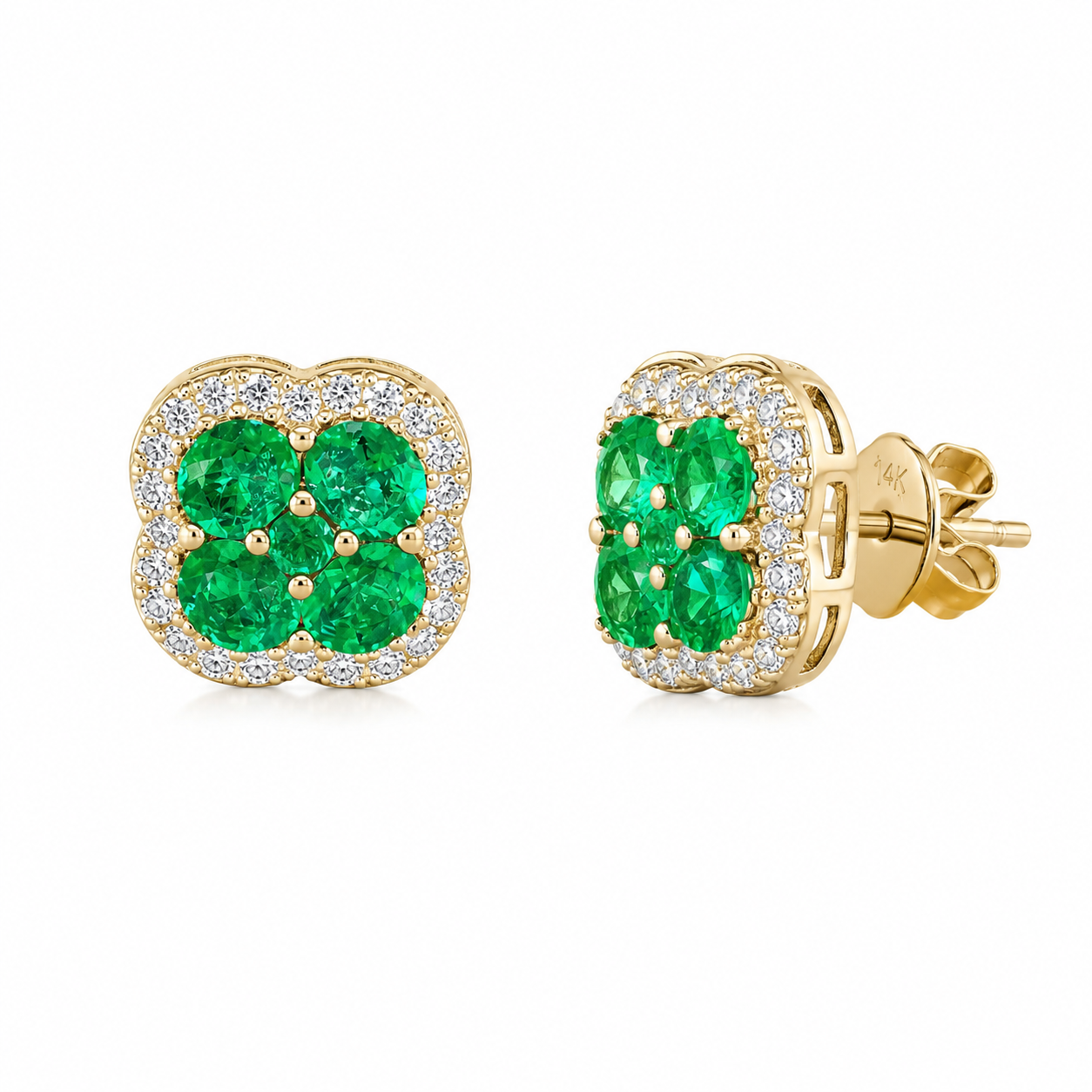 Side view of 14K yellow gold natural emerald and diamond cluster stud earrings with push backs