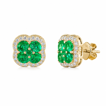 Side view of 14K yellow gold natural emerald and diamond cluster stud earrings with push backs