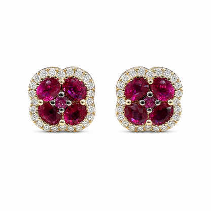 14K yellow gold natural ruby and diamond cluster stud earrings with 1.35 carats of rubies and 0.28 carats of diamonds