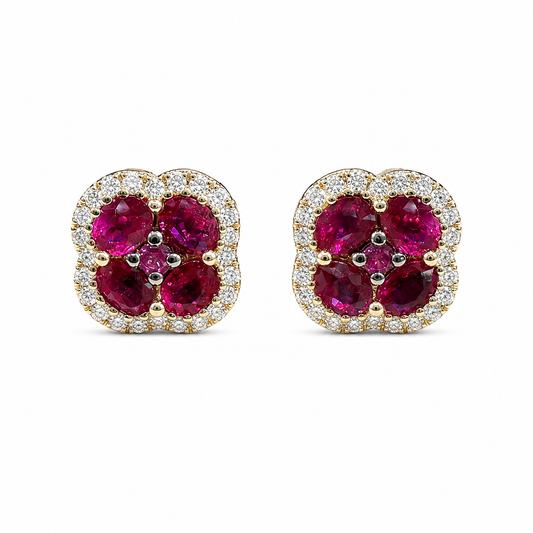 14K yellow gold natural ruby and diamond cluster stud earrings with 1.35 carats of rubies and 0.28 carats of diamonds
