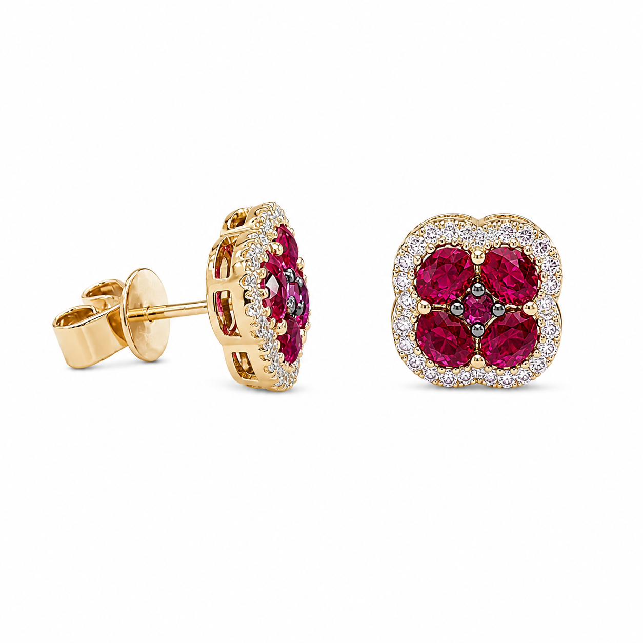 Side and front view of 14K yellow gold natural ruby and diamond cluster earrings showing post backs and diamond halo