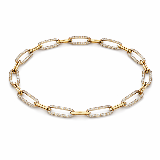 14 karat yellow gold diamond paperclip link bracelet arranged in a circular layout on a white background featuring ten pavé set diamond links