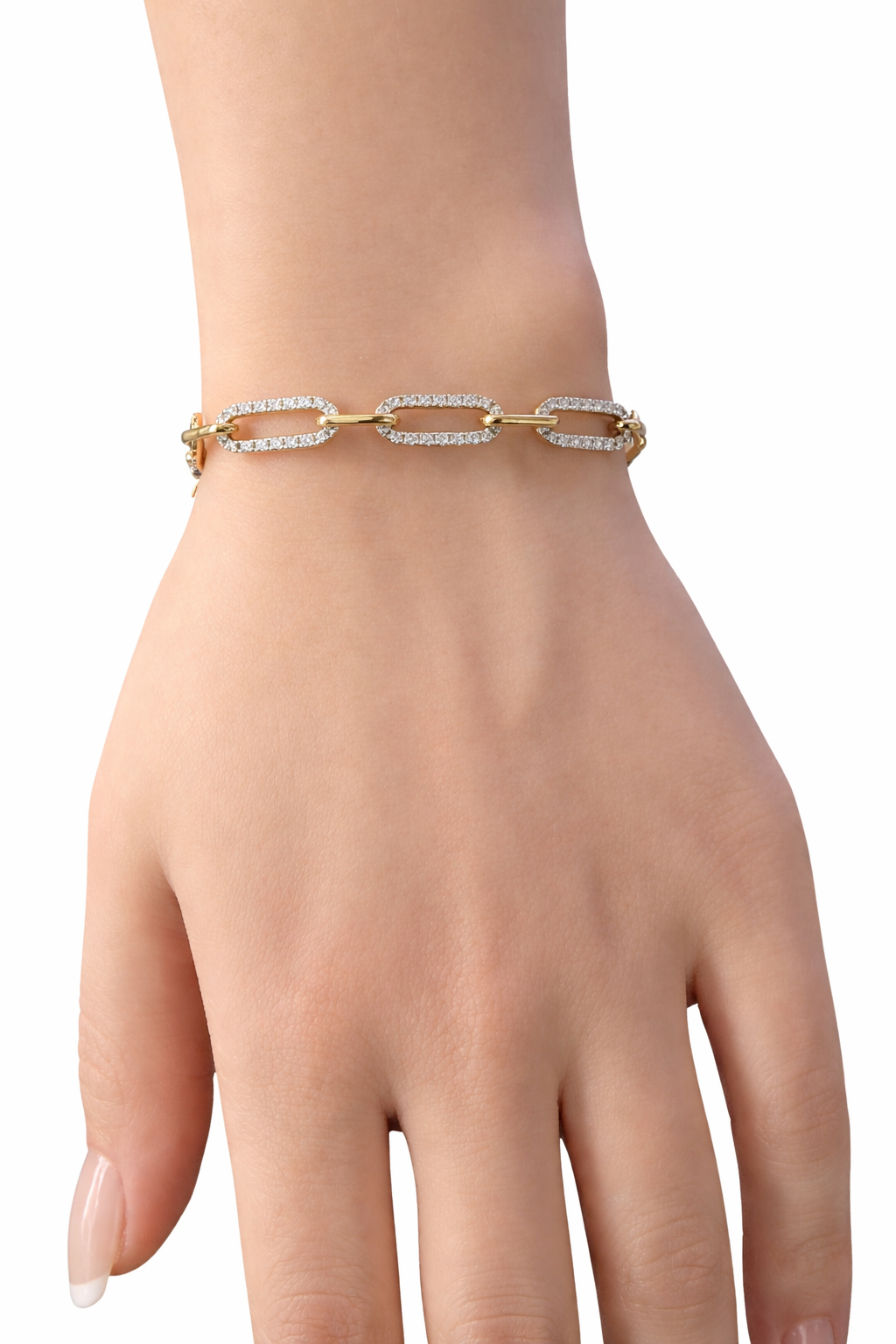 14KT yellow gold graduating paperclip diamond bracelet with 2.53 carats total weight natural diamonds worn on wrist