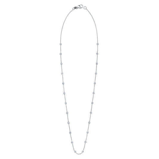 18KT DIAMOND-BY-THE-YARD 1 POINTER 28 BEZELS WHITE 1.3MM CABLE CHAIN WHITE BEZELS 0.28CTTW DIAMONDS