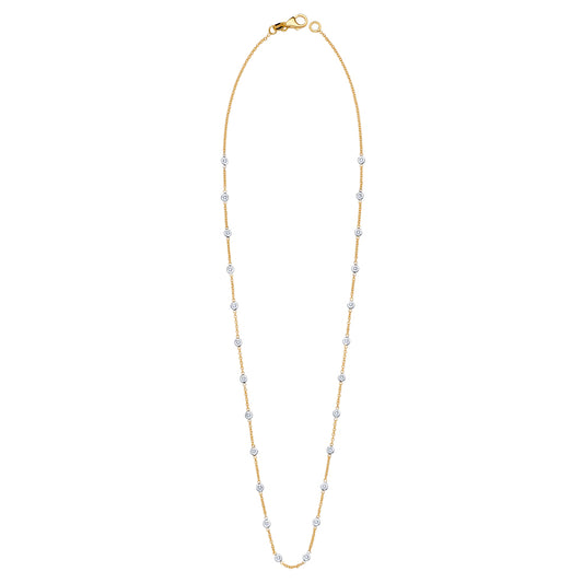18KT DIAMOND-BY-THE-YARD 1 POINTER 28 BEZELS YELLOW 1.3MM CABLE CHAIN WHITE BEZELS 0.28CTTW DIAMONDS