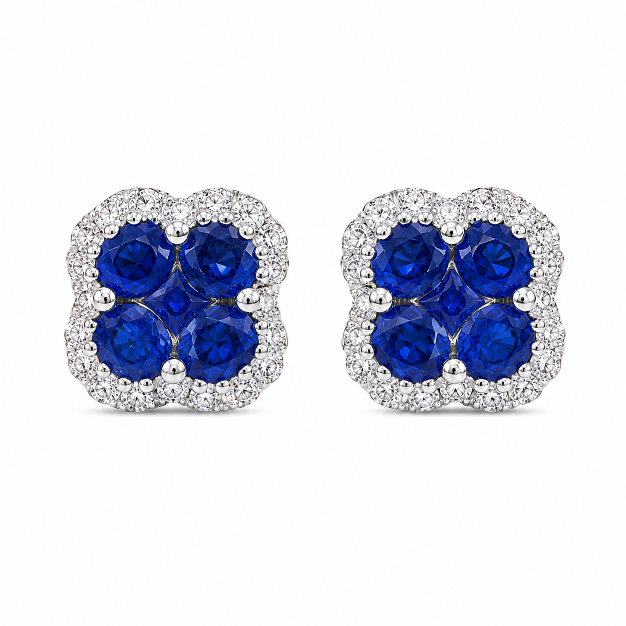 18K white gold natural sapphire and diamond cluster stud earrings with 1.76 carats of sapphires and 0.39 carats of diamonds