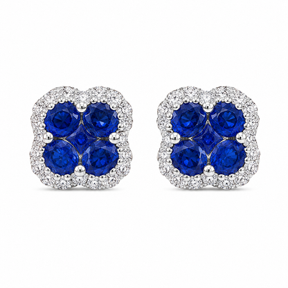 18K white gold natural sapphire and diamond cluster stud earrings with 1.76 carats of sapphires and 0.39 carats of diamonds