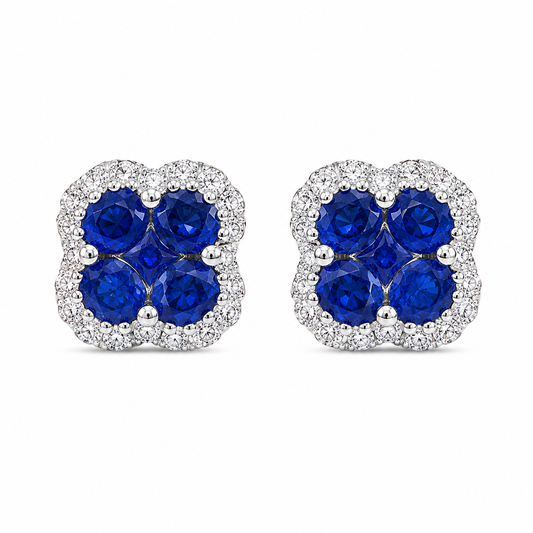 18K white gold natural sapphire and diamond cluster stud earrings with 1.76 carats of sapphires and 0.39 carats of diamonds